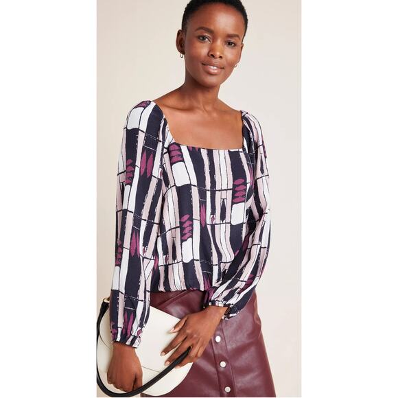 Anthropologie The Odells Eloise Purple Abstract Elastic Waist Blouse Size Small - Picture 2 of 9